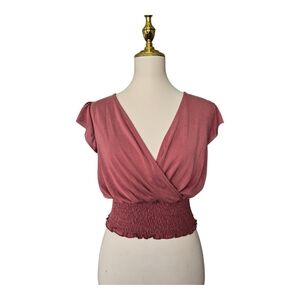 MOA MOA Crop Top Medium Mauve Pink Surplice Smocked Waist Flutter Sleeve Nwt